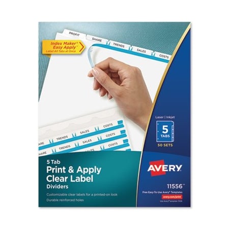 Avery Dennison Avery, PRINT AND APPLY INDEX MAKER CLEAR LABEL DIVIDERS, 5 WHITE TABS, LETTER, 50 Pieces 11556